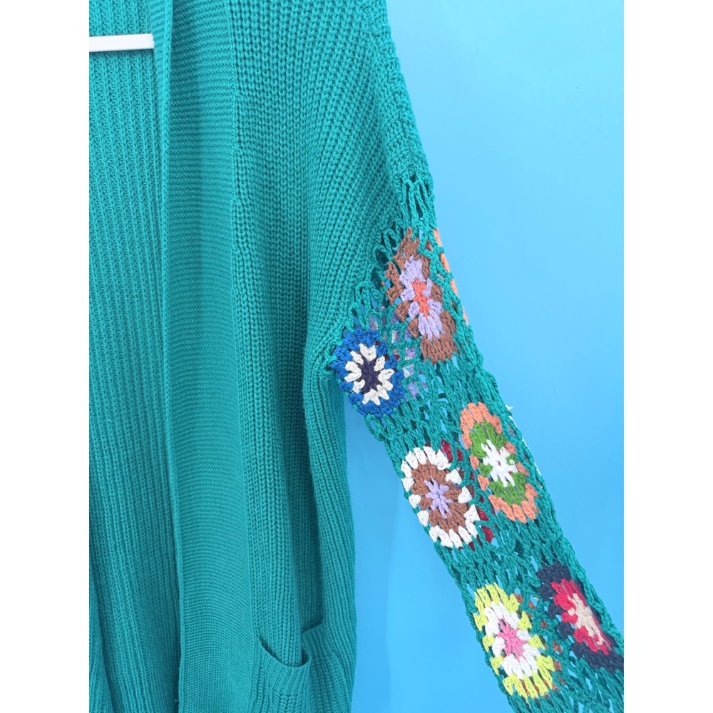 Blakeley Cardigan Women PS Teal Green Crochet Granny Square‎ Sleeve Open Front